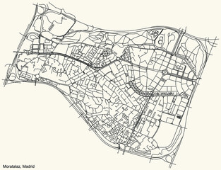 Fototapeta na wymiar Black simple detailed street roads map on vintage beige background of the neighbourhood Moratalaz district of Madrid, Spain