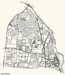 Black simple detailed street roads map on vintage beige background of the neighbourhood Usera district of Madrid, Spain