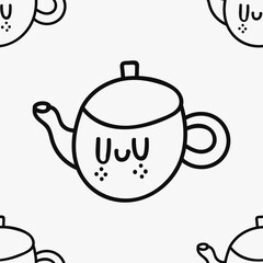 Teapot hand drawn doodle character with no fill, seamless pattern. Teapot texture for wrapping, wallpaper and decoration