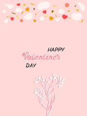 Valentines Day card. Background with Blooming grass, heart love concept. sketch with black lines, colored pastel spots and gold. Vector illustration isolated