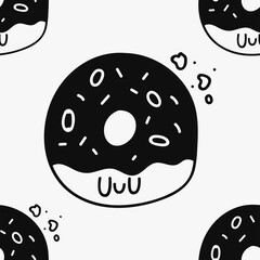 Donut doodle hand drawn character vector seamless pattern. Doughnut texture for wrapping, wallpaper and decoration