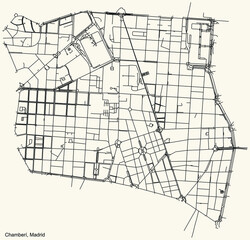 Black simple detailed street roads map on vintage beige background of the neighbourhood Chamberí district of Madrid, Spain