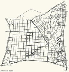 Black simple detailed street roads map on vintage beige background of the neighbourhood Salamanca district of Madrid, Spain
