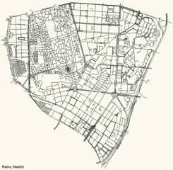 Black simple detailed street roads map on vintage beige background of the neighbourhood Retiro district of Madrid, Spain