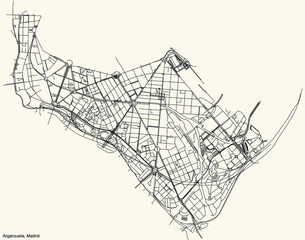 Black simple detailed street roads map on vintage beige background of the neighbourhood Arganzuela district of Madrid, Spain