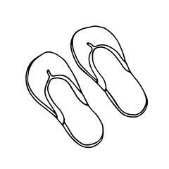 Outline image of a flip flops. Hand drawn doodle illustration of summer footwear, black image on white background. Linear art. Vector illustration.