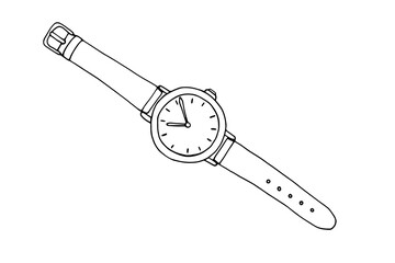 Outline image of a watch. Hand drawn doodle illustration, black image on white background. Linear art. Vector illustration.