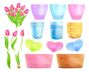 Watercolor spring bouquet creator set. Hand drawn tulip flowers, leaves, hearts and colorful flowerpots isolated on white background. Cute floral illustration for cards, Easter, Mother's Day.