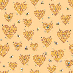 Honey love heart shape with bees valentine's day vector seamless pattern