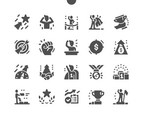 Motivation. Way to success. Winner, trophies, reward and target. Career growth. Achieve success. Business training. Revenue increase. Vector Solid Icons. Simple Pictogram