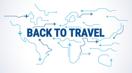 Airplane travel abstract background world map - Back to travel concept - Airplanes silhouettes fly in the sky over world - blue and white vector travelling illustration