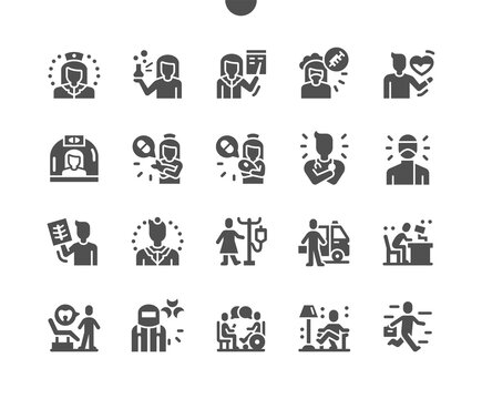 Health workers. Medical care. Ambulance worker. Emergency doctor. Anesthetist, cardiologist, allergist, surgeon, traumatologist and otolaryngologist. Vector Solid Icons. Simple Pictogram