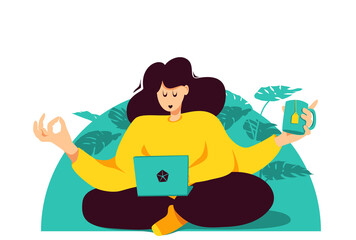 A multi-armed girl in a lotus position works at a laptop, meditates and drinks tea. The concept of multitasking, work and rest balance, harmony.