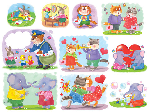 Valentine's Day. Set of cute cartoon animals. Poster. Greeting card. Illustration for children