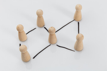 Wooden figures of people on a white table, business concept, human resources and management concept.