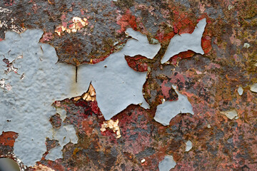 Grunge background with old peeling and flaking paint closeup on rusty metal