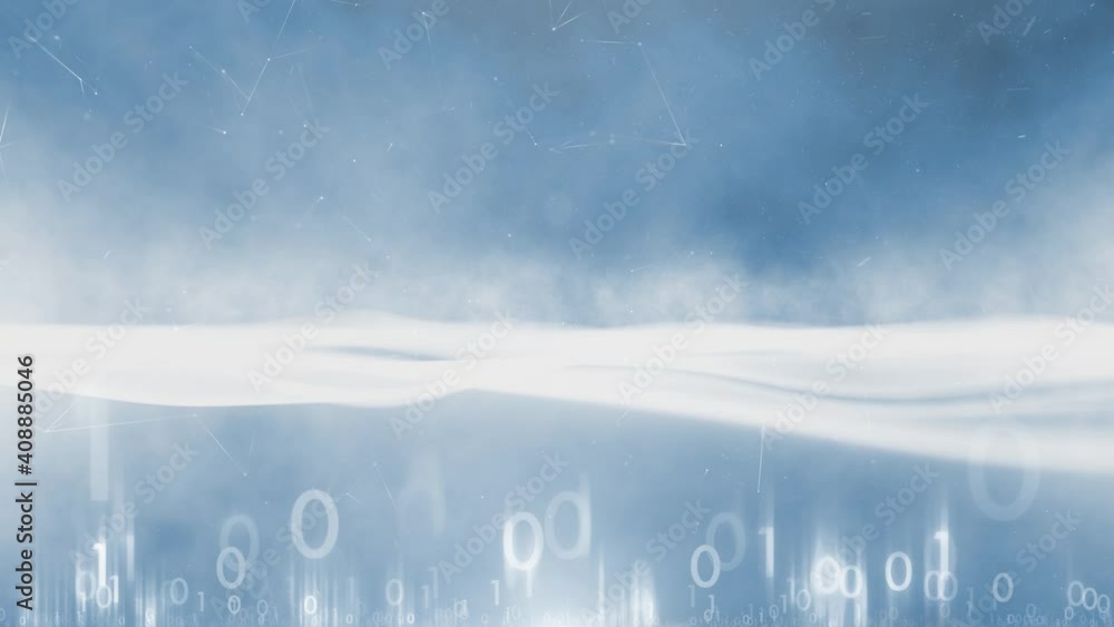Poster bright blue white binary data motion on wavy cyberspace animation background.