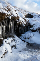 Icicles on a snowy mountainside