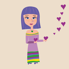 girl with purple hair holding a heart in her hands