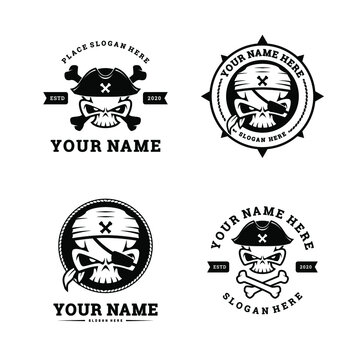 Set of Simple Skull Pirate Hat Bandana Bone Black and White Logo Designs