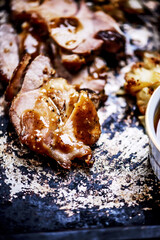 Honey dijon roasted turkey thighs with cauliflowers..