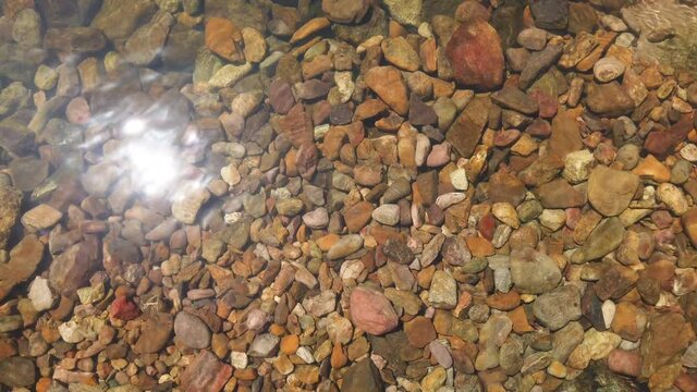 4K panning left texture and background footage of river bed rocks under water with sun reflections on water surface with sparkling sunlight