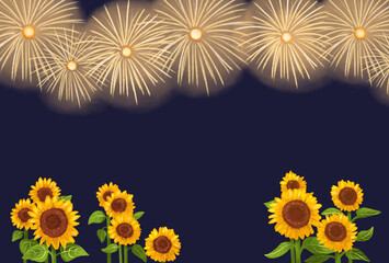 ひまわり畑と花火大会　暑中お見舞い　はがき　横
