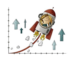 growth concept showing a businessman inside a rocket going up on a graph. isolated - 408887812