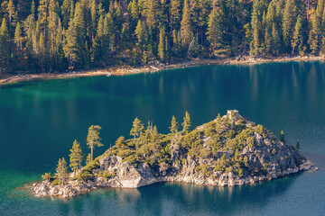 Sunny view of the Lake Tahoe, Emerald Bay and Fannette Island