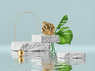 3d render, abstract scene for product presentation, white and gold cobblestone podium and rock platform, tropical leaves and reflection in the water. Modern minimal background