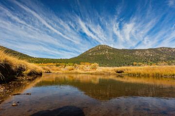 Sunny view with beautiful fall color along the Hope Valley in Lake Tahoe area