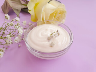 cosmetic cream, rose flower on a colored background
