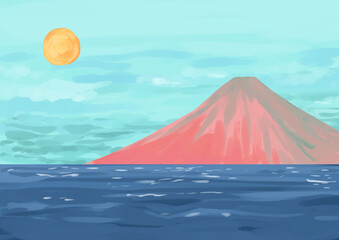 富士山と海　赤富士　朝靄

