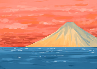 富士山と海　夕焼け
