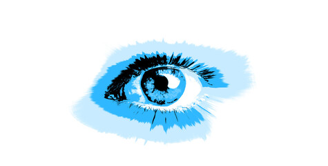 Blue eye of a woman. Modern art concept. Decorative element. Wide banner with a painted eye in the center. 