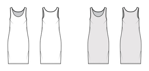 Tank dress technical fashion illustration with scoop neck, straps, knee length, oversized body, Pencil fullness. Flat apparel template front, back, white, grey color. Women, men, unisex CAD mockup