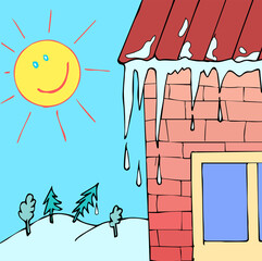 Warming in the middle of winter, the snow is melting. Vector illustration
