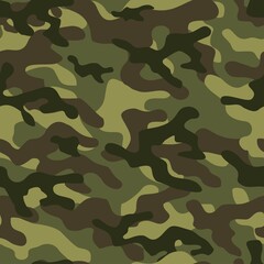 Camouflage seamless pattern. Abstract military or hunting camouflage background. Classic clothing style masking camo repeat print. Green brown black olive colors forest texture camouflage