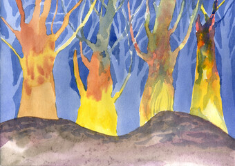 Trees and forest in cartoon style. Background for the cartoon.