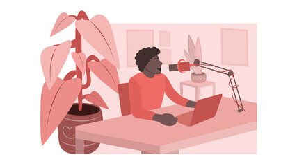 Man streaming a podcast from home.