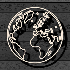 Vector planet Earth icon on a dark background. Wood background