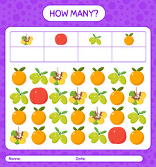 How many counting game with fruit. worksheet for preschool kids, kids activity sheet, printable worksheet