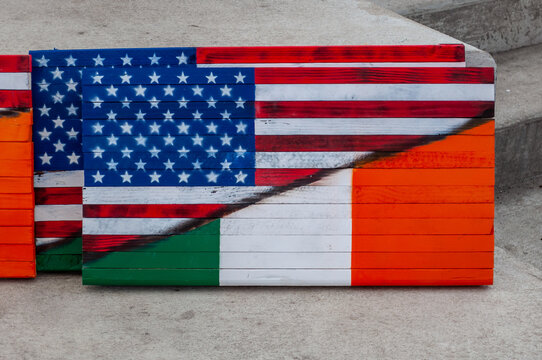 Coney Island, Brooklyn, New York, USA.
USA and Ireland flag painted on the wood selling on The Great Irish Fair of New York charity event.