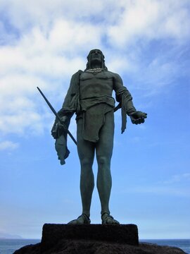 Statue of an ancient native Guanche at the Plaza de la Candelaria. One of the guanche Kings, the statue of the aboriginal king. Candelaria, Tenerife, Spain - November 10  2011.