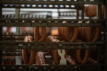 Fresh sausages hang on hangers in the production hall. Meat industry.