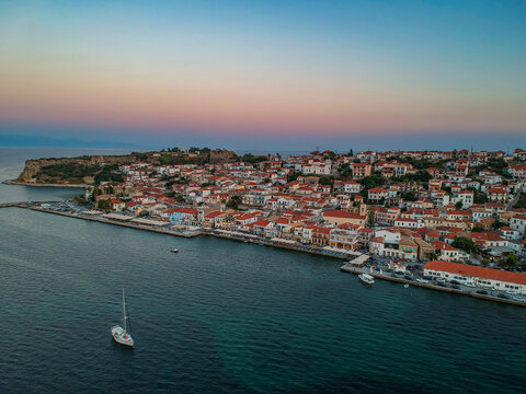 Aerial view over Koroni seaside city at sunset. Koroni, Messenia, Greece