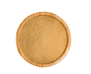 Brown sugar in a wooden bowl or wooden spoon Sugar for health Use for cooking or desserts on white and sugar backgrounds.