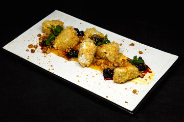 Grilled brie cheese breaded on a white plate with herbs and sauce