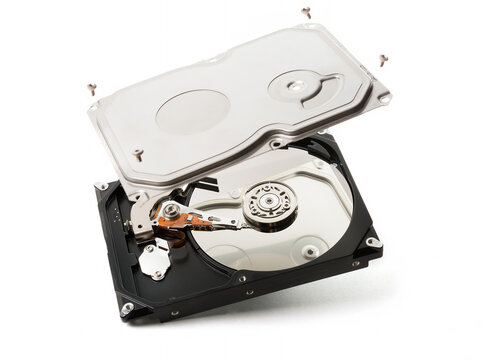 computer hard disk inside view with mirrored blank disks on which data is recorded and a magnetic head. isolated on white.