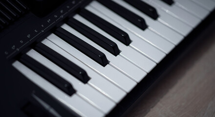 Fototapeta na wymiar Electronic piano keyboard. Closeup of black and white piano keys